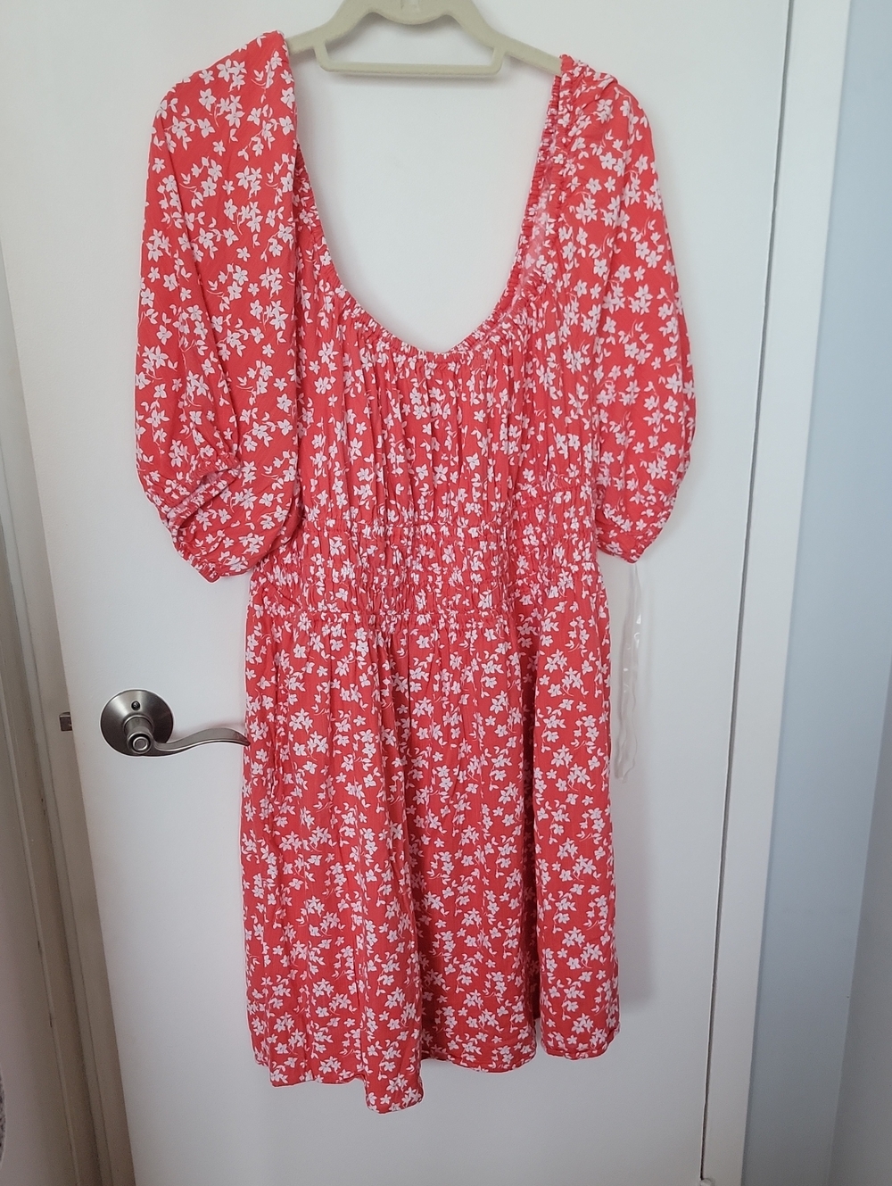 GAP Coral Red Floral Midi Dress with Puff Sleeves